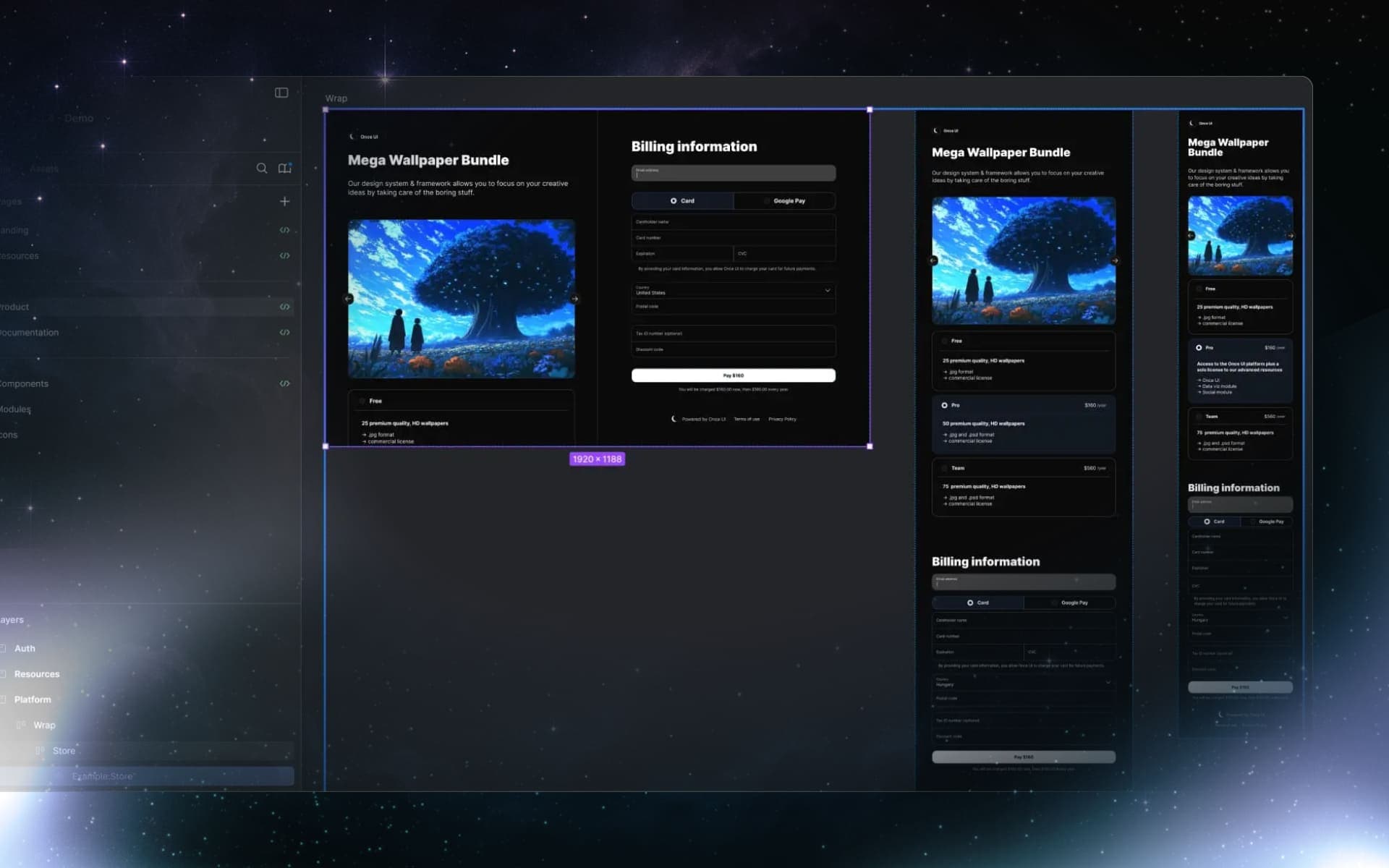 Dark mode page design built with Once UI for Figma